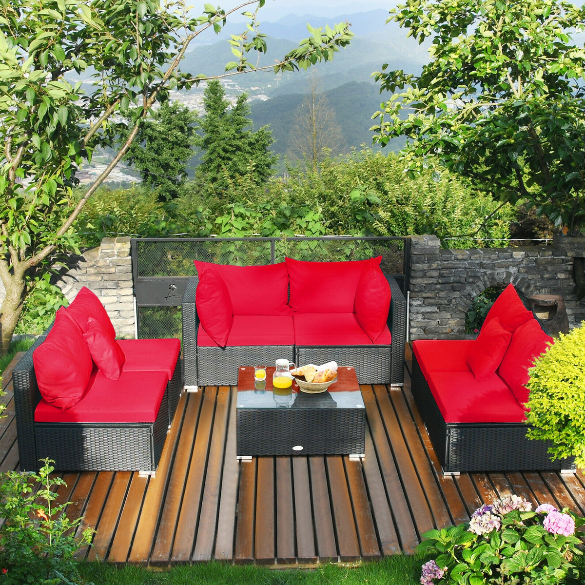 7-Piece Sectional Wicker Sofa Set with Coffee Table - Black Rattan, Red