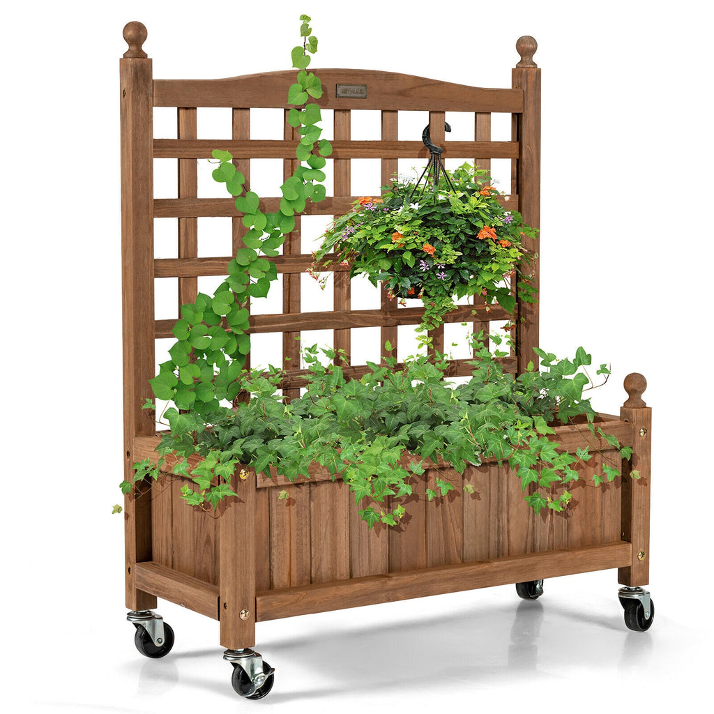 32in Wood Planter Box with Trellis Mobile Raised Bed for Climbing