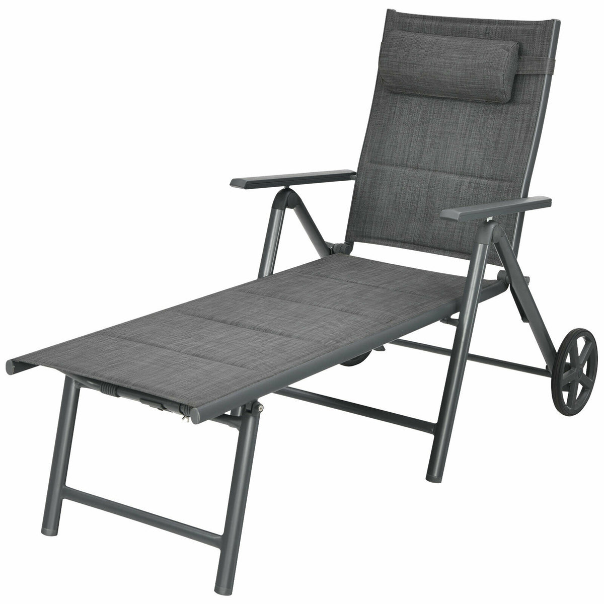 Patio Reclining Chaise Lounge with Adjustable Pillow - Gray