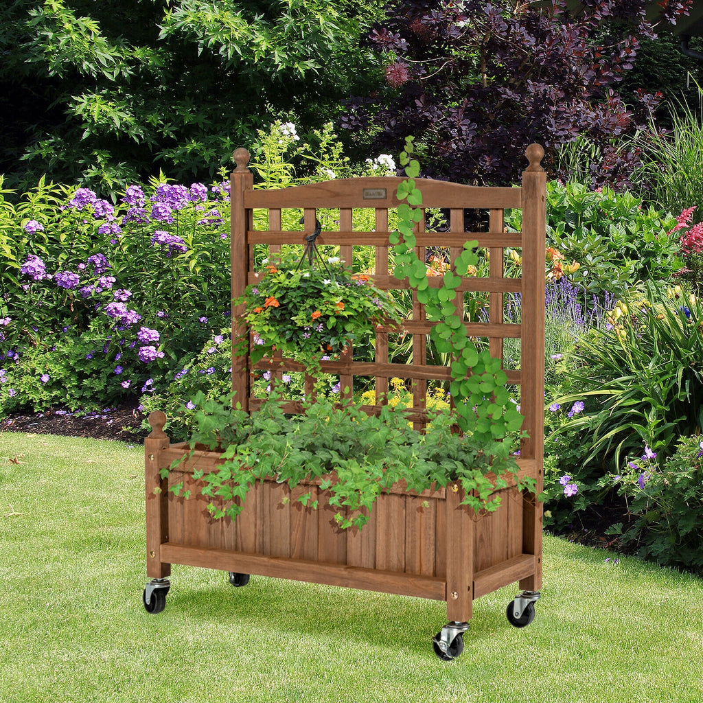 32in Wood Planter Box with Trellis Mobile Raised Bed for Climbing