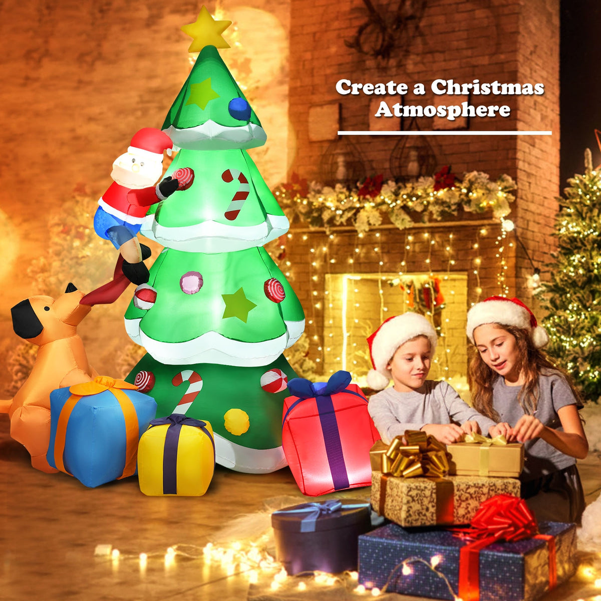Inflatable Christmas Tree with Santa Puppy & LED Lights - 7 Feet, Dog Chasing Santa Variation