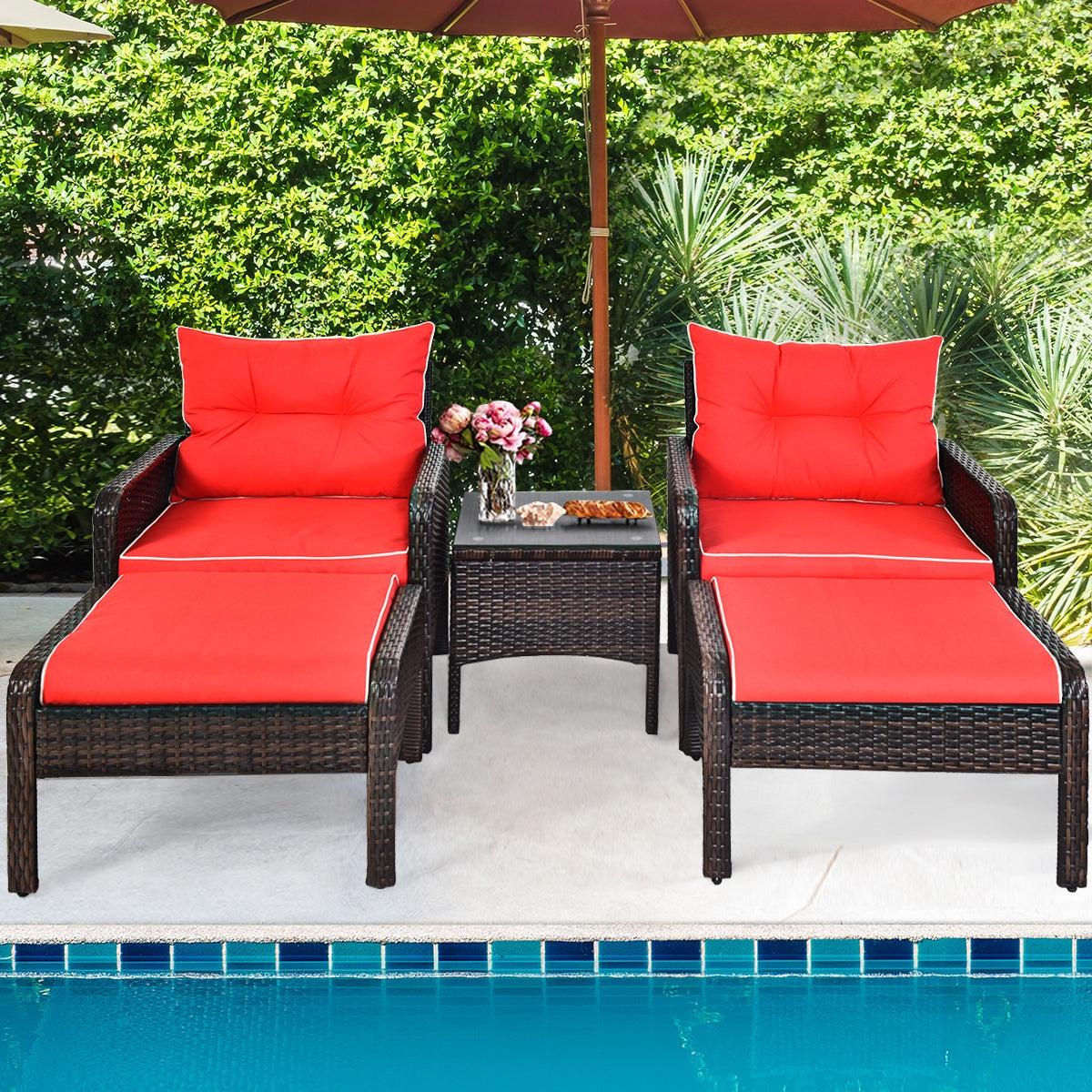 5-Piece Patio Rattan Sofa Set with Cushions - Red