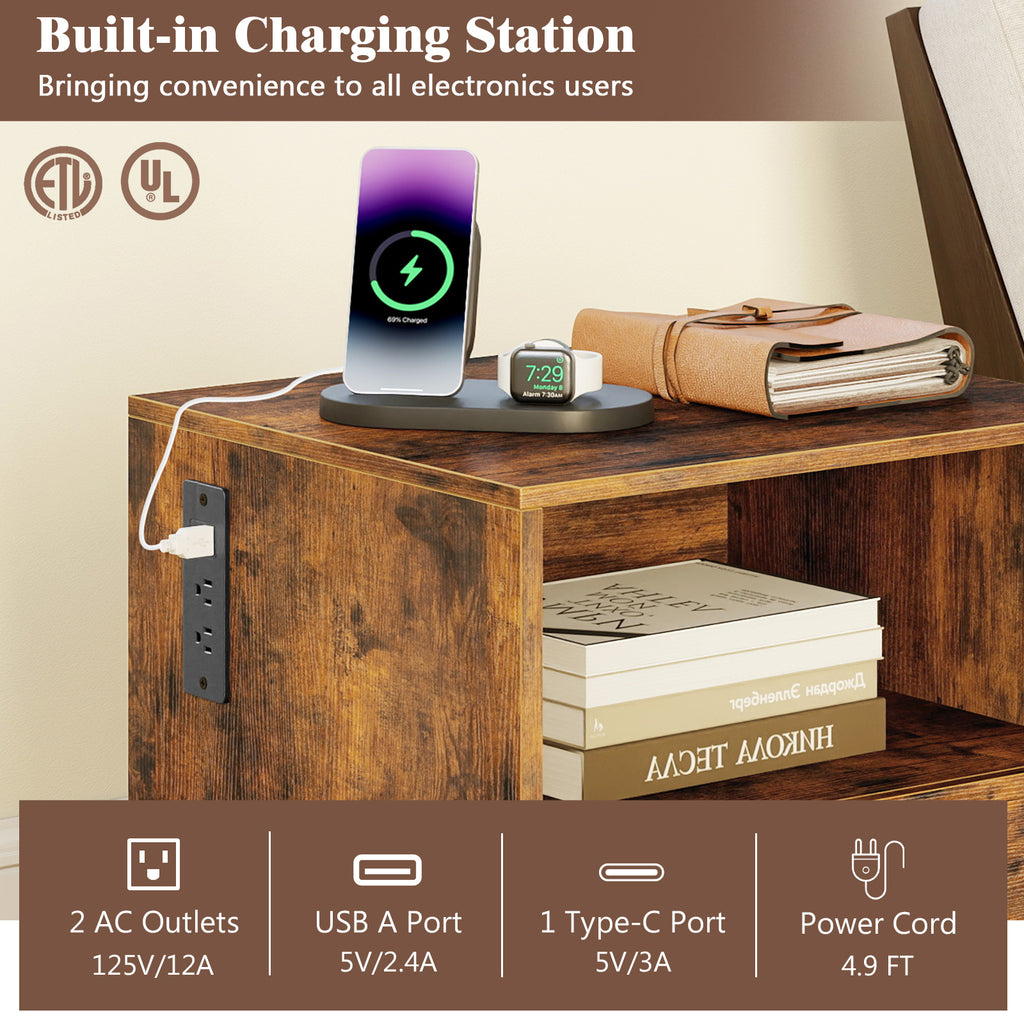 Nightstand with Charging Station and Drawer, Rustic Brown