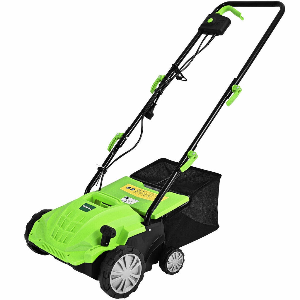 16-Inch Electric Dethatcher and Scarifier with Grass Bag - Green