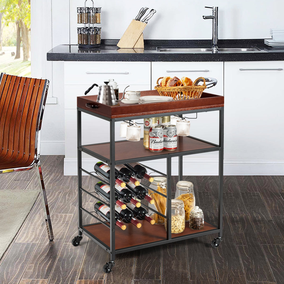 3-Tier Bar Cart with Wine Rack - 2 Row Glass Holders
