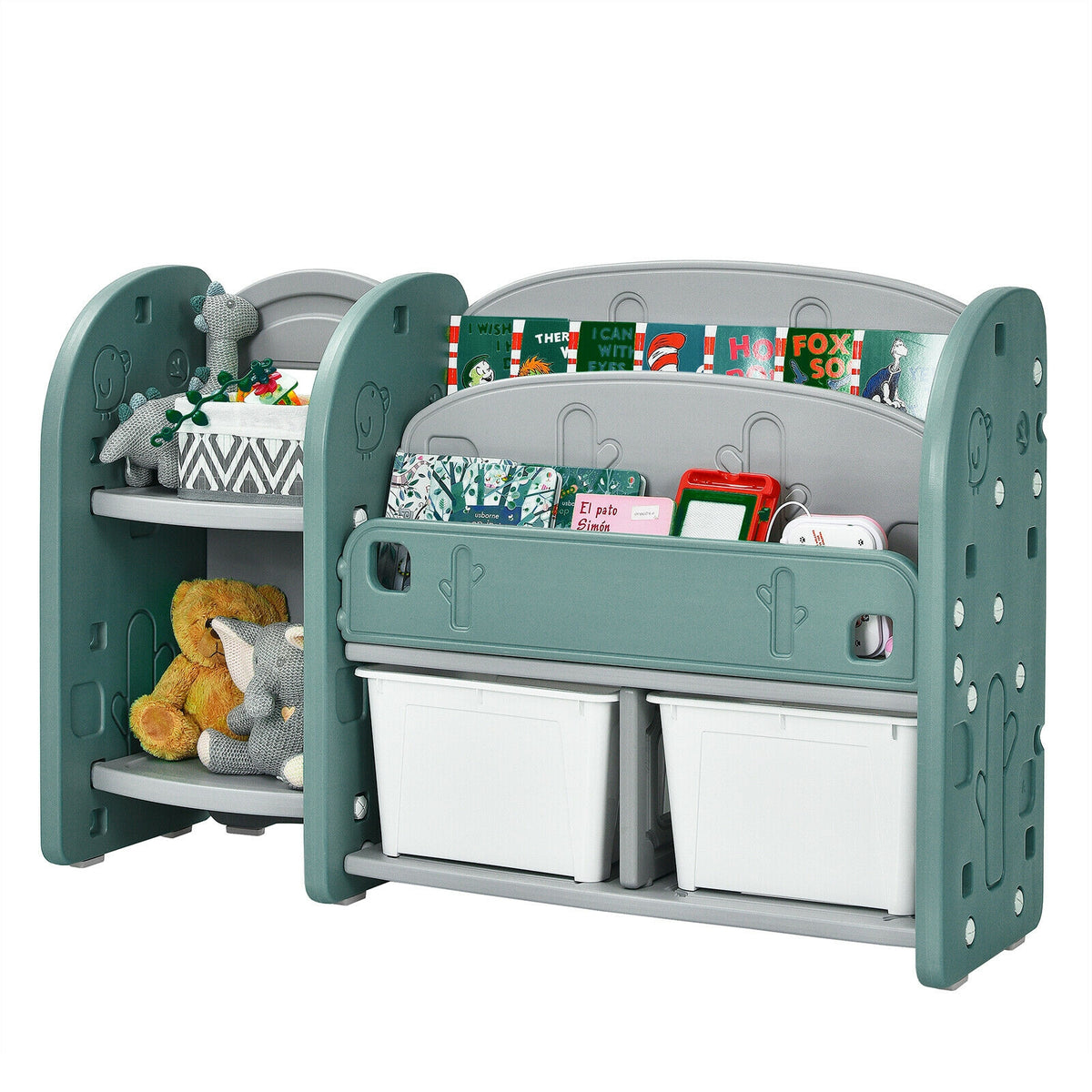 Kids Toy Storage Organizer with 2-Tier Bookshelf and Plastic Bins - Safe, Durable & Kid-Friendly