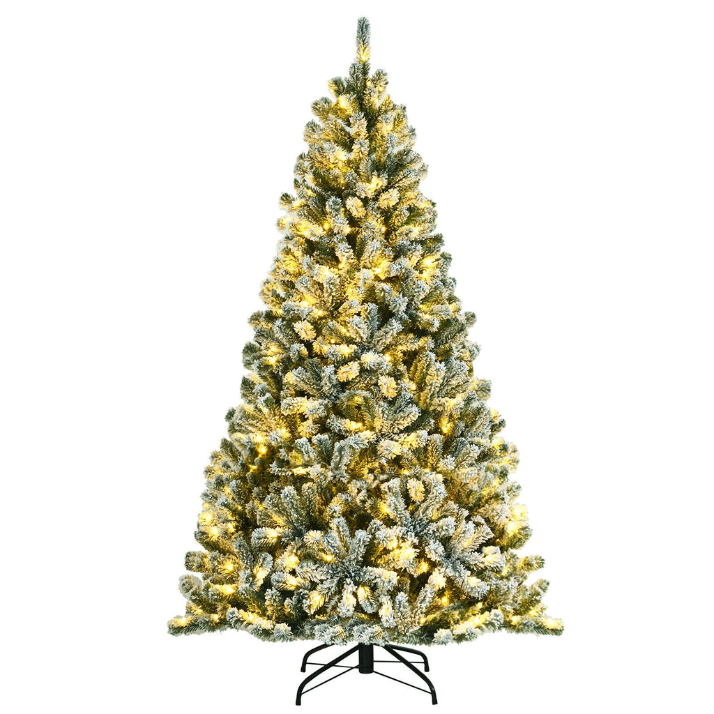 6 Ft Pre-lit Snow Flocked Christmas Tree with Metal Stand - Hinged Design