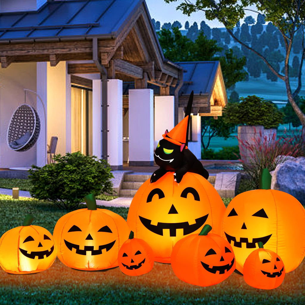 Halloween Inflatable Pumpkin Combo with Witch and Black Cat - 7.5 Feet, Includes Variation of 7 Pumpkins with Cat