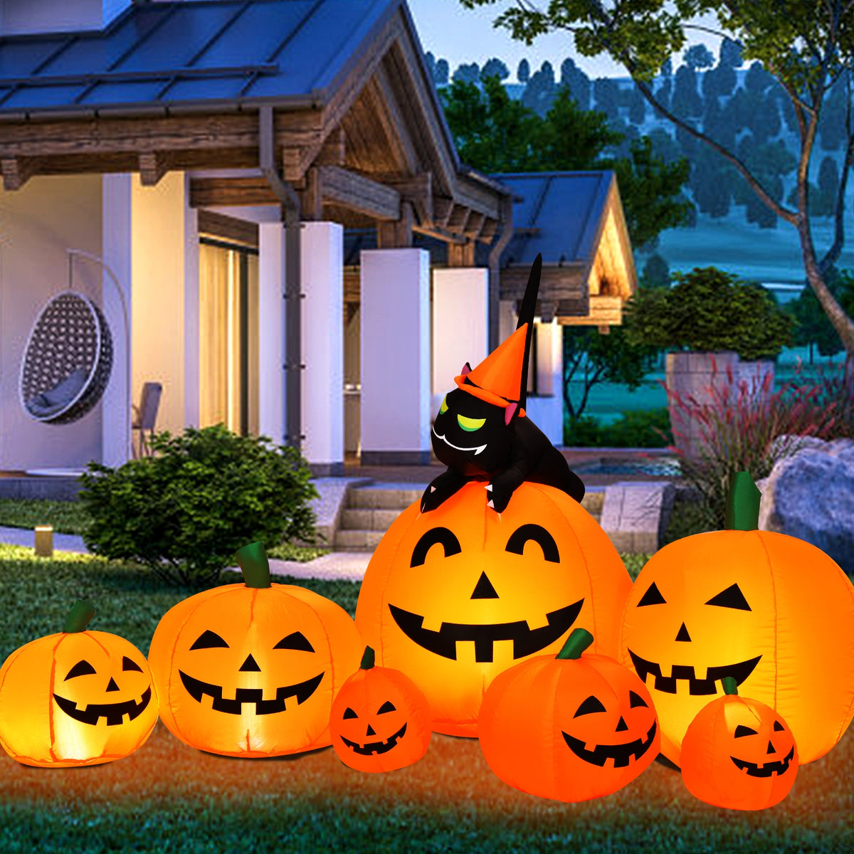 Halloween Inflatable Pumpkin Combo with Witch and Black Cat - 7.5 Feet, Includes Variation of 7 Pumpkins with Cat