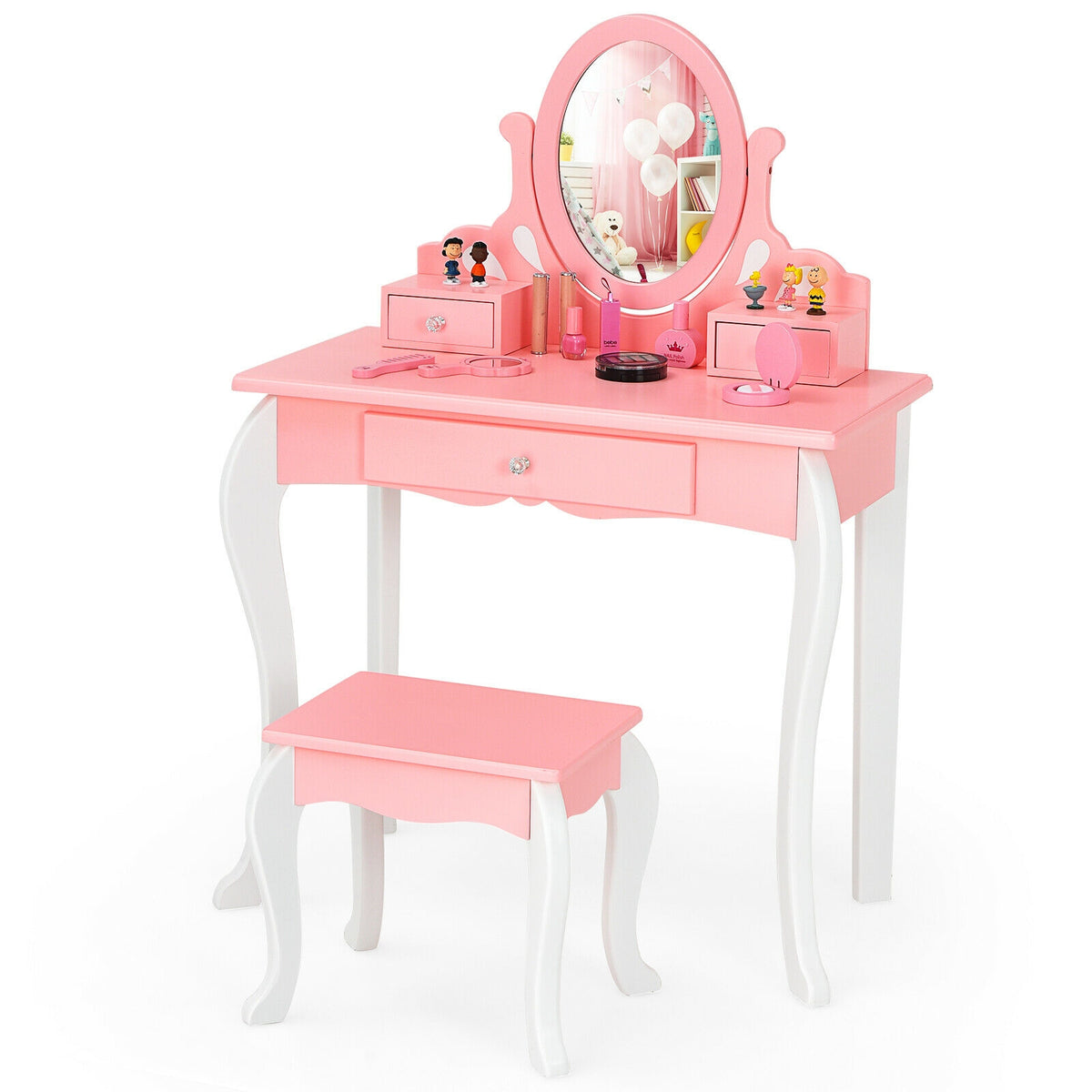 Kids Princess Makeup Dressing Vanity Set with Mirror and Drawer - Pink