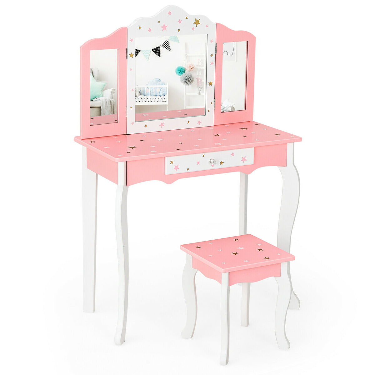 Kids Princess Vanity Table and Stool Set with Tri-Fold Mirror - Pink - Kids Bedroom Furniture