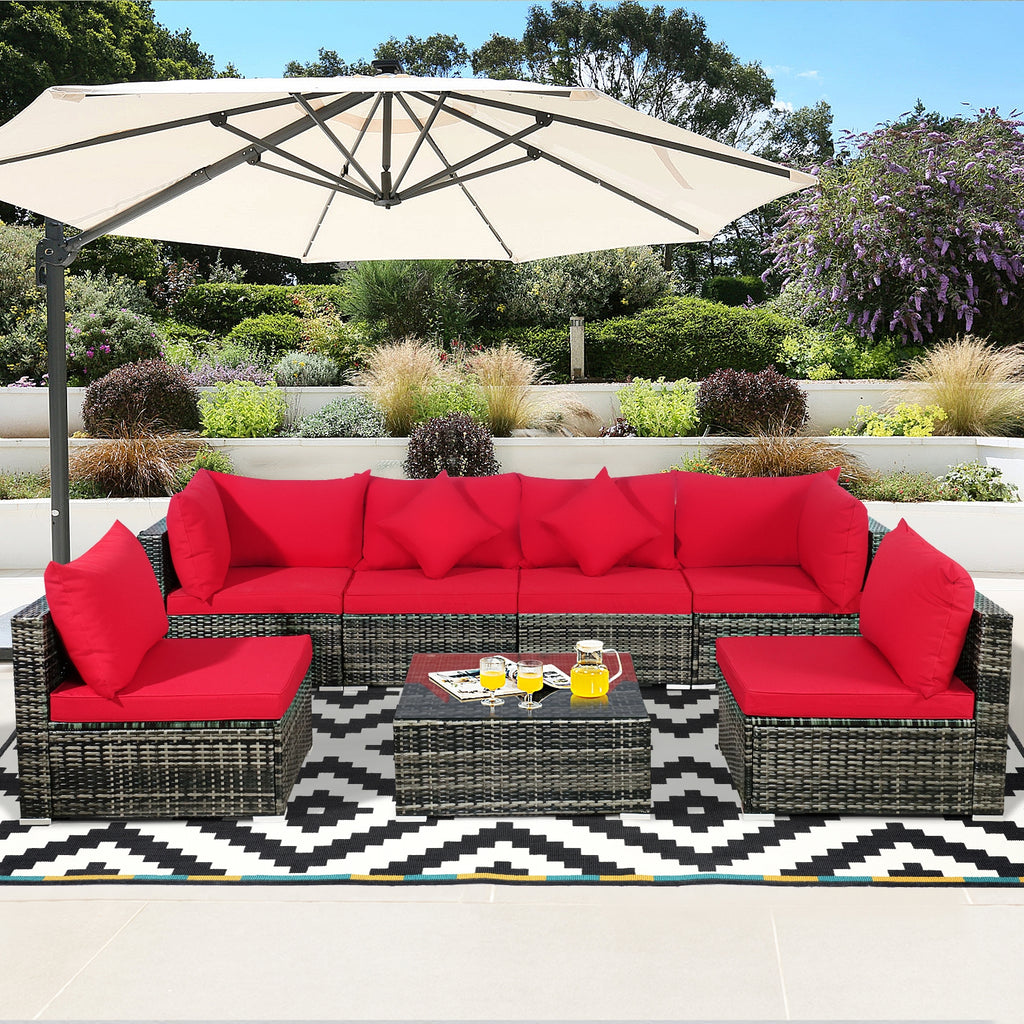 7-Piece Patio Rattan Sectional Sofa Set - Mix Gray & Red