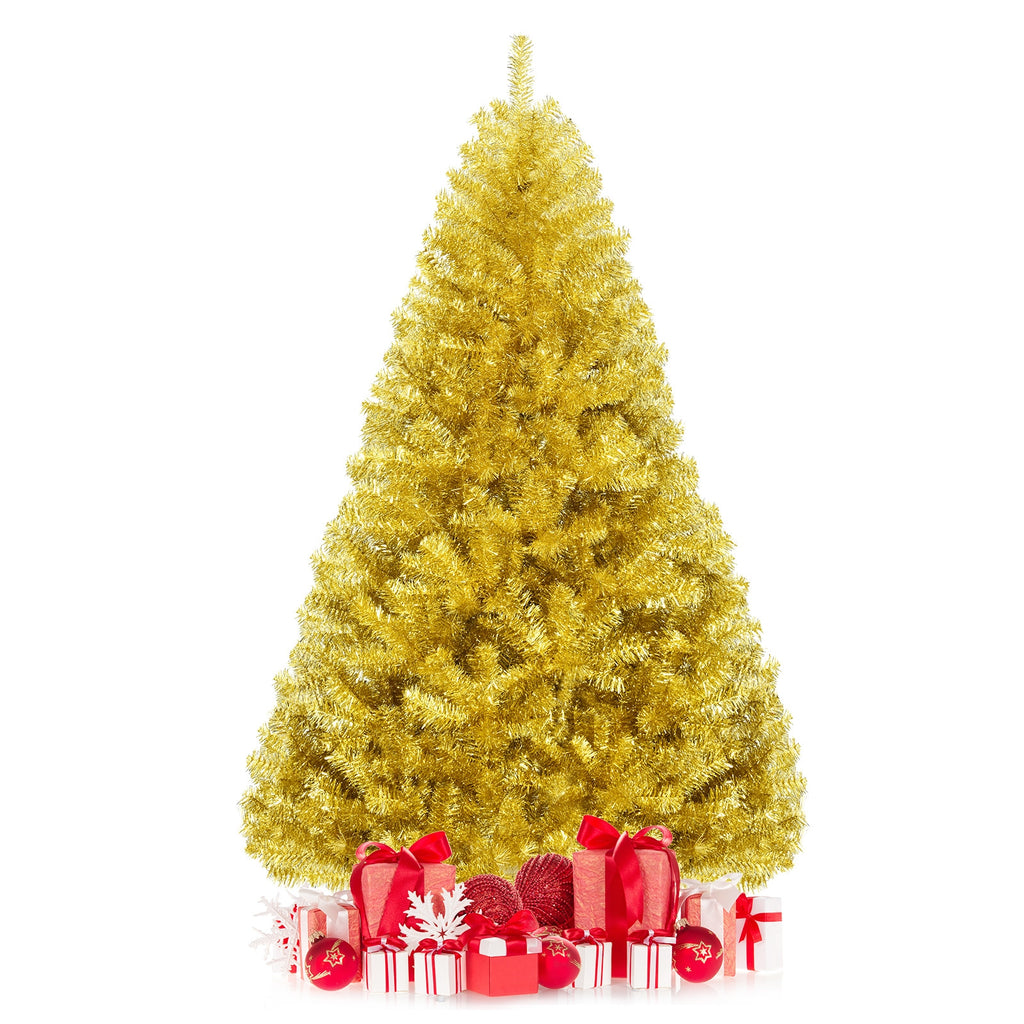 6 ft Artificial Tinsel Christmas Tree with Hinged Branches & Foldable Stand - Champagne Gold