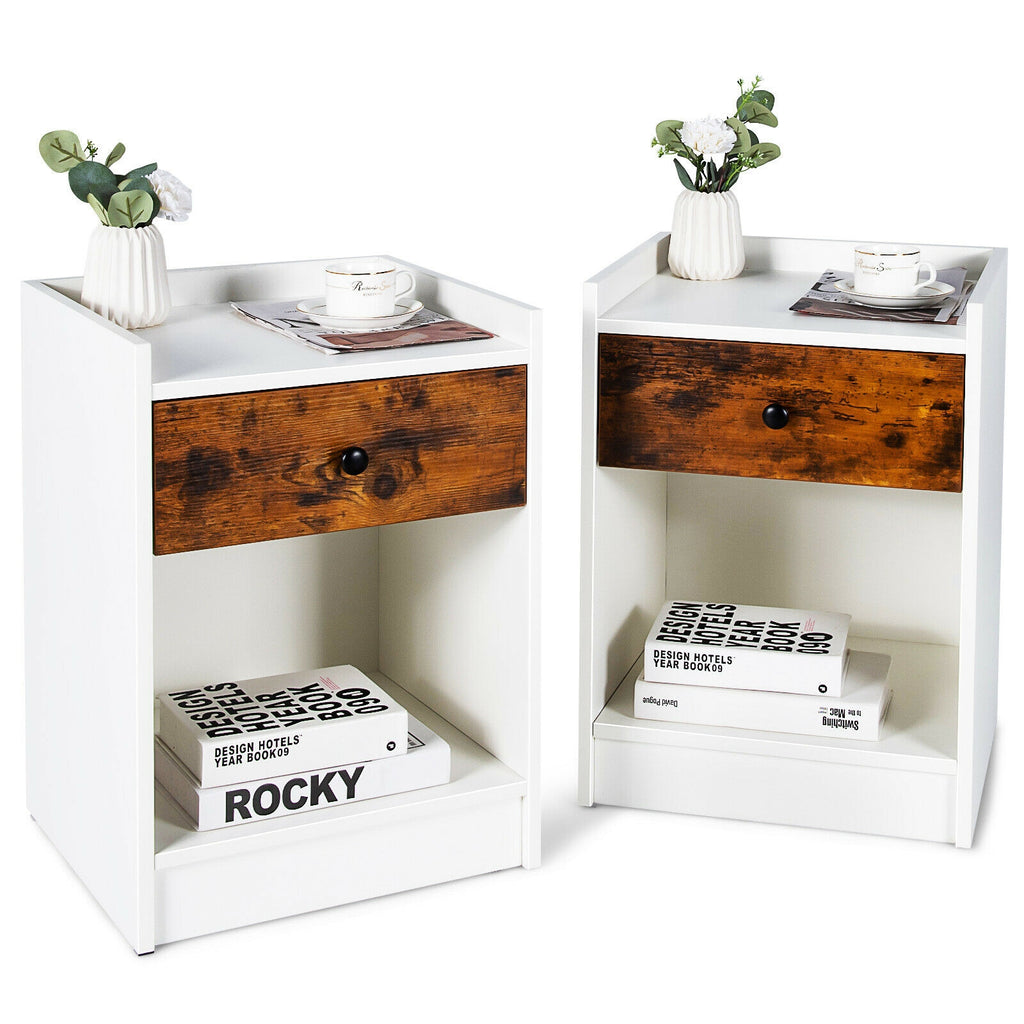 Set of 2 Nightstands with Drawer & Storage - White, Style 5