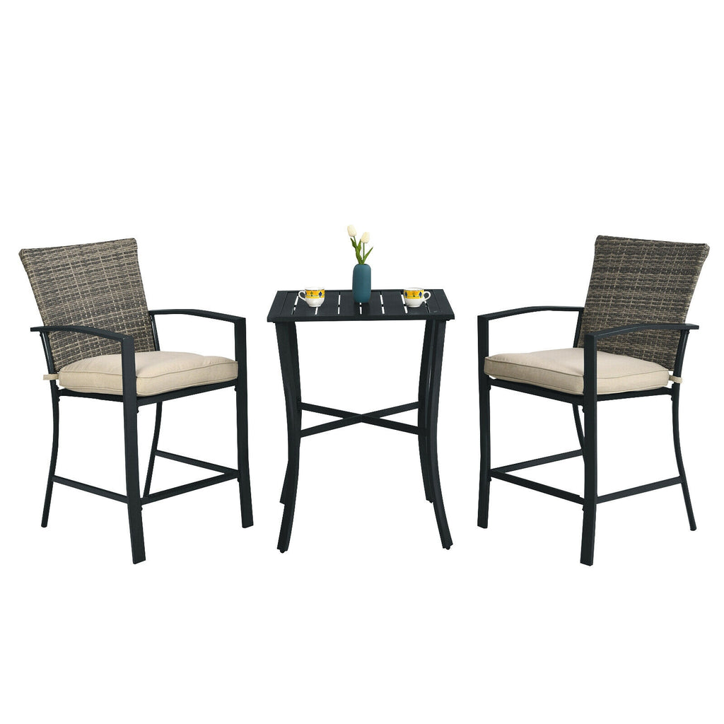 3 Pieces Rattan Bar Furniture Set with Slat Table and 2 Cushioned