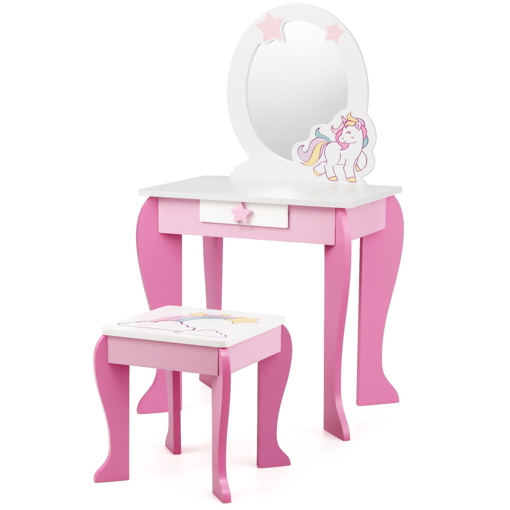Kids Vanity Set Makeup Dressing Table and Chair with Mirror & Drawer - Pink