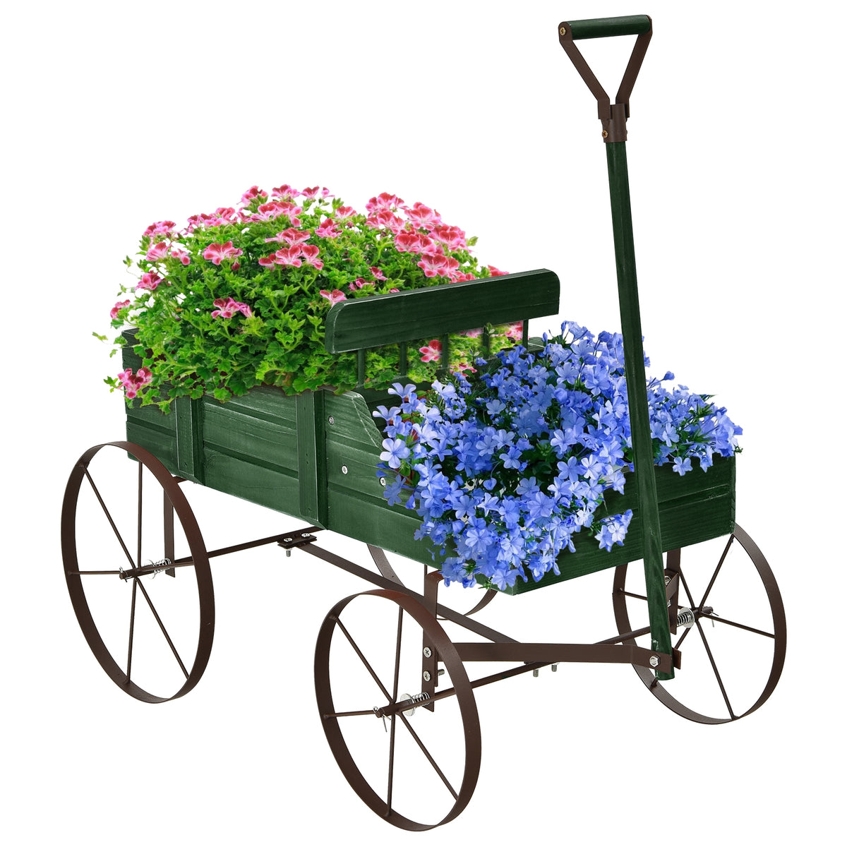 Wooden Garden Wagon Planter Bed with Metal Wheels - Green
