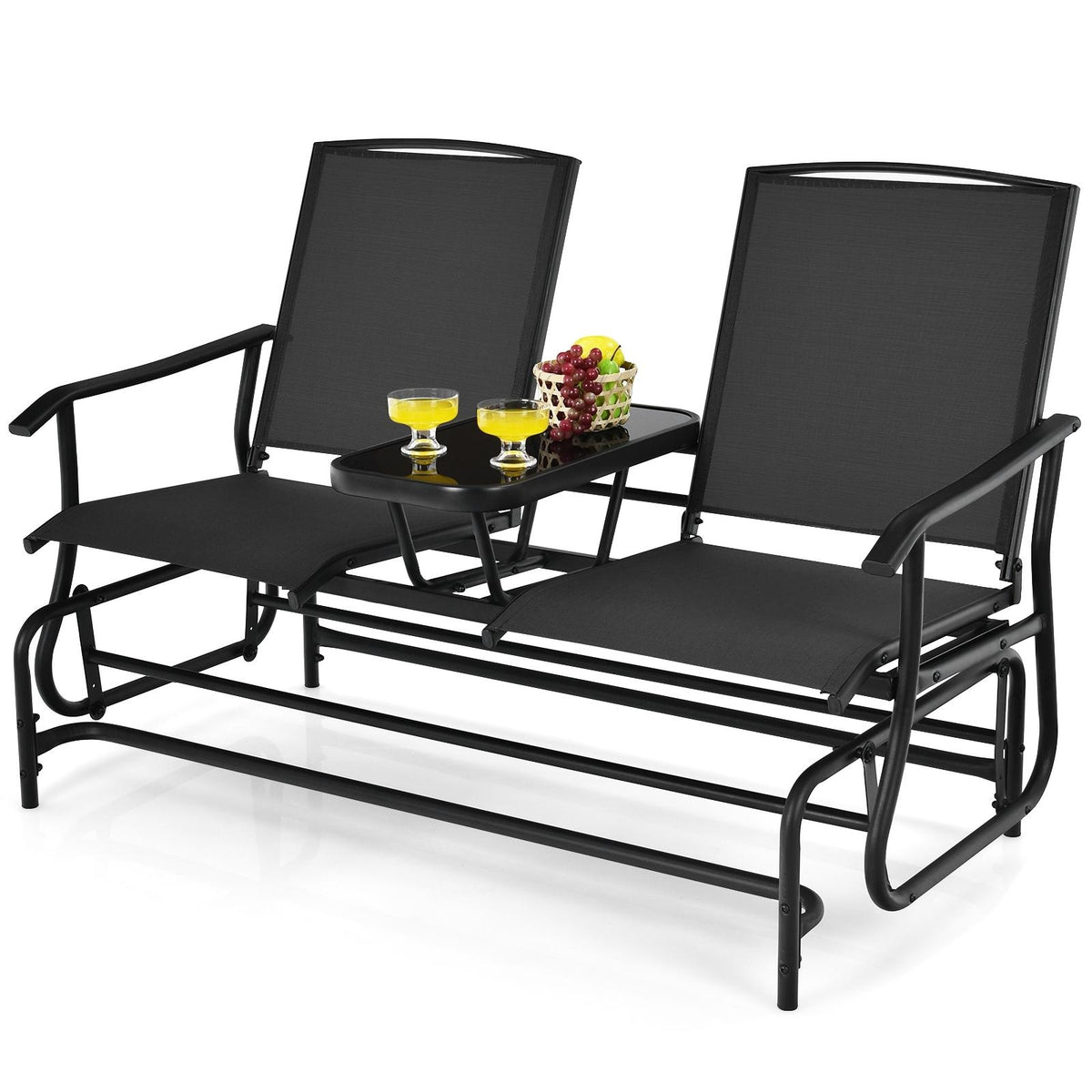 2-Person Double Rocking Loveseat with Mesh Fabric and Center Tempered