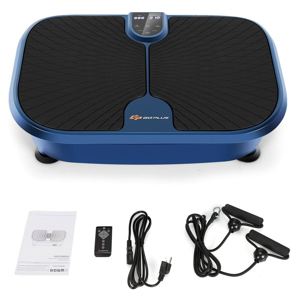 Mini Vibration Plate Exercise Machine with Remote & Loop Bands - 9 Presets, Blue, Compact Fitness Equipment