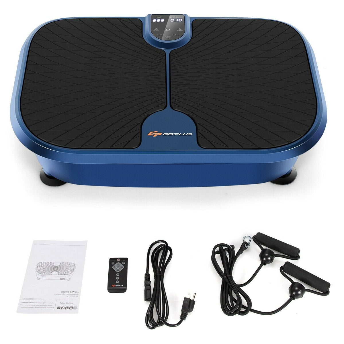 Mini Vibration Plate Exercise Machine with Remote & Loop Bands - 9 Presets, Blue, Compact Fitness Equipment