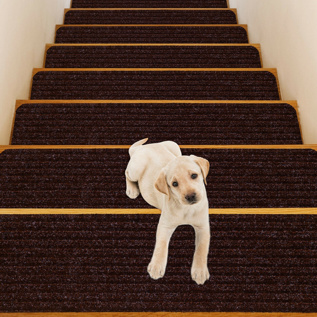 Brown Non-Slip Stair Treads Carpet Set - 15 Pieces, 30 x 8 Inch, Reusable & Waterproof