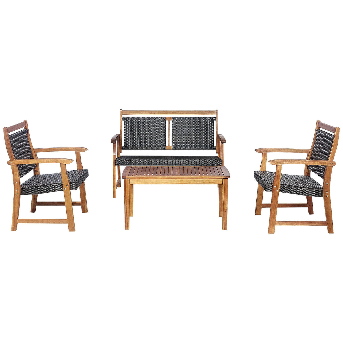 4 Pieces Outdoor Patio Rattan Furniture Sofa Set with Acacia Wood