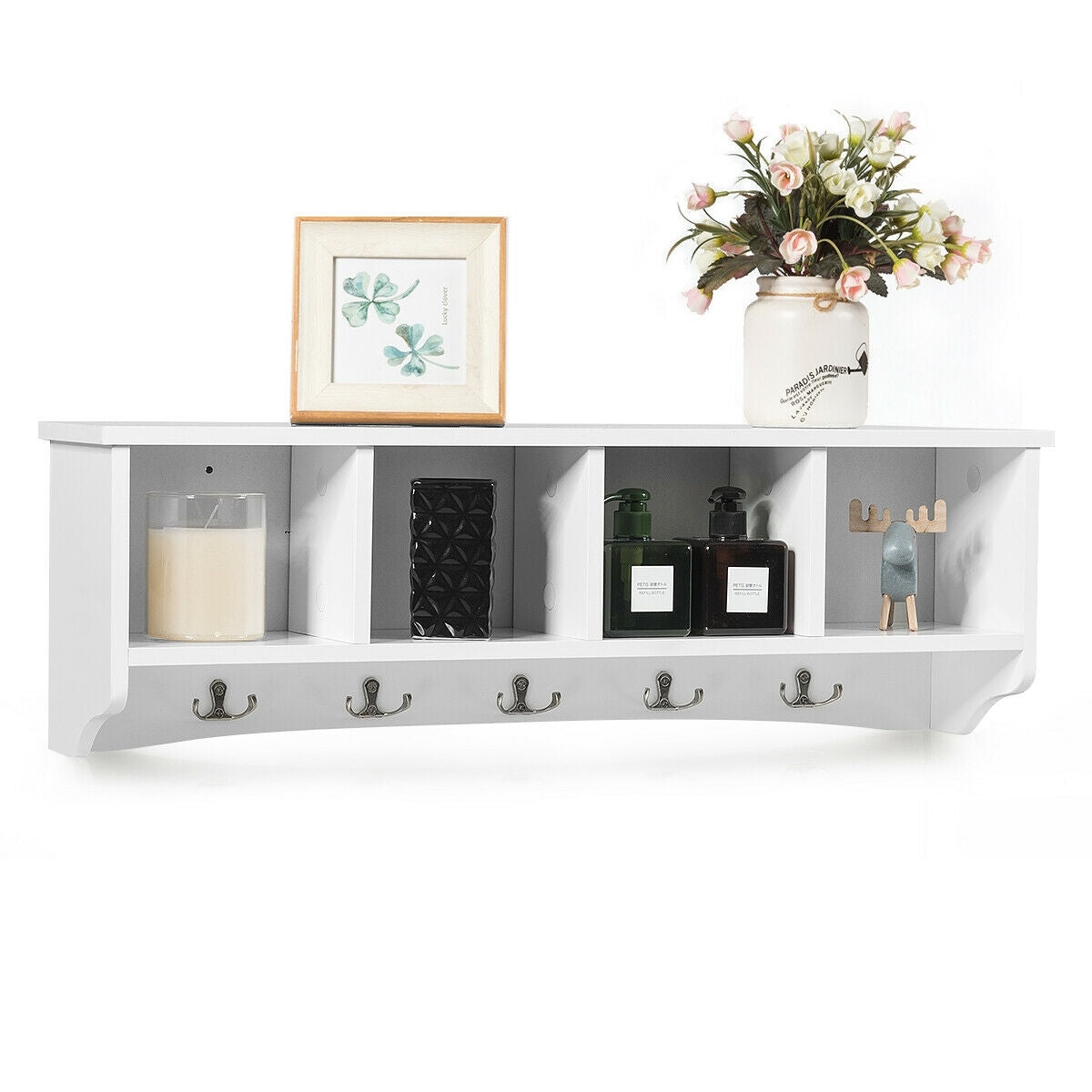 Wall Mounted Storage Cabinet with Coat Rack - White