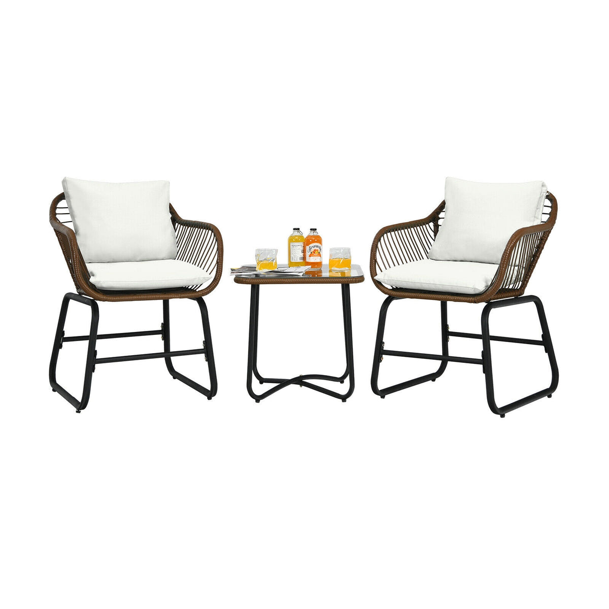 Patio Bistro Set with Cushions and Glass Table, White