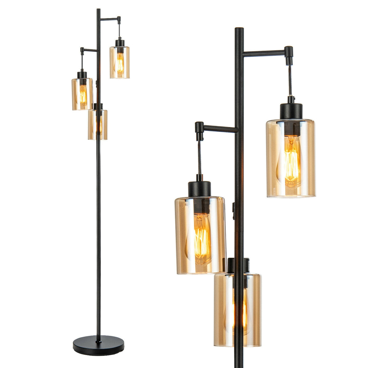 Retro Floor Lamp with 3-Head Hanging Amber Glass Shade - Stable Iron Base, Foot Switch