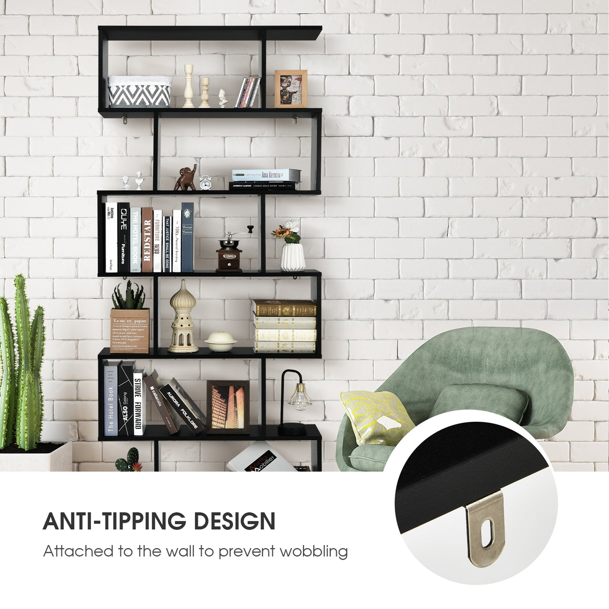 6-Tier S-Shaped Bookshelf - Black