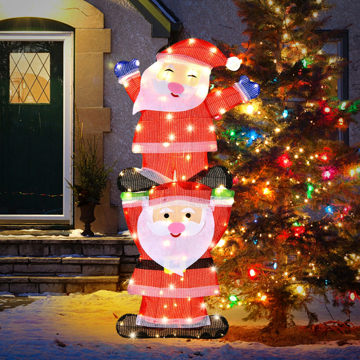 Metal Frame Double Santa LED Yard Decoration with String Lights & Stakes - Christmas Outdoor Decor