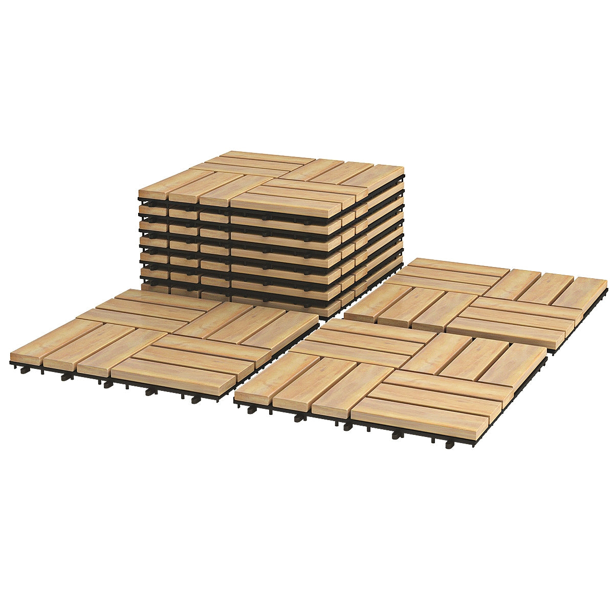 Interlocking Acacia Wood Floor Tiles - Stripe Pattern, 10 Pack, 12x12 Inch