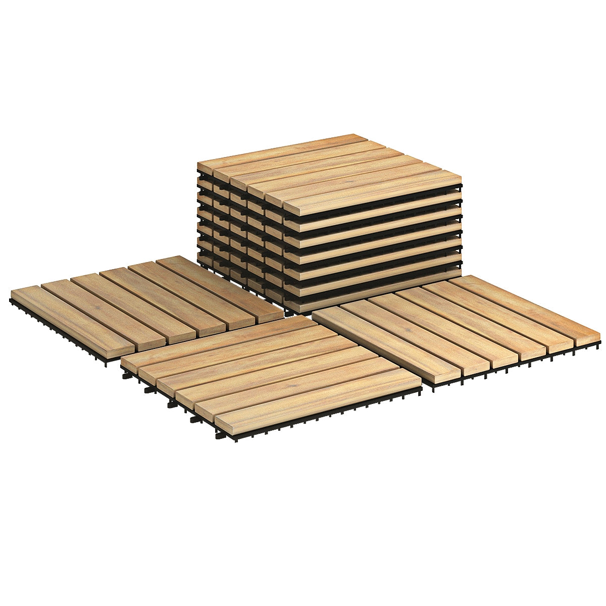 Interlocking Acacia Wood Floor Tiles - Stripe Pattern, 10 Pack, 12x12 Inch