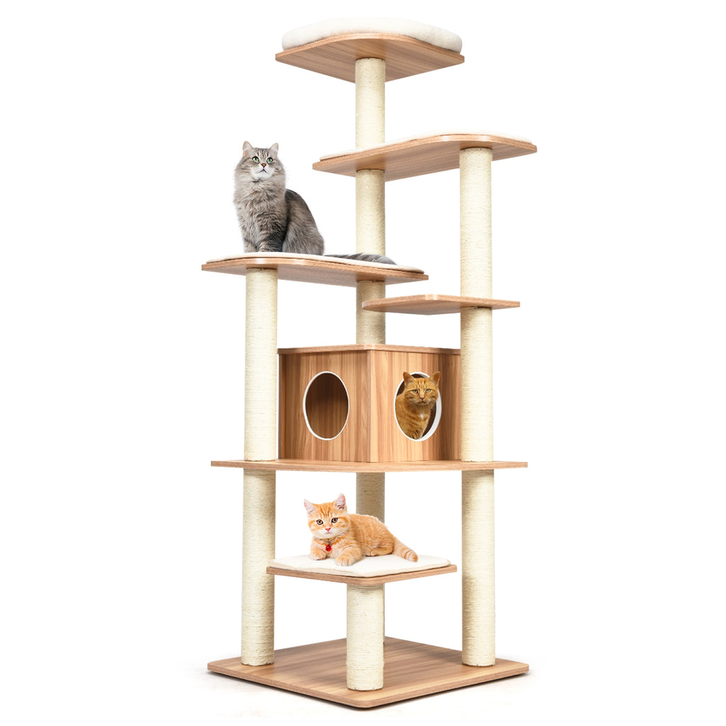 7-Layer Wooden Cat Tree Tower with Sisal Posts & Condo - Natural Finish