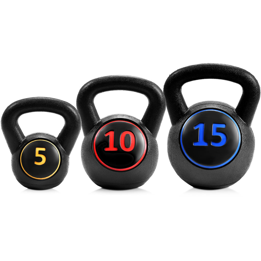 Kettlebell Weight Set - 3 Pieces 5, 10, 15lbs with Wide Grip for Full Body Workout - Variation of Kettlebell Weight Set