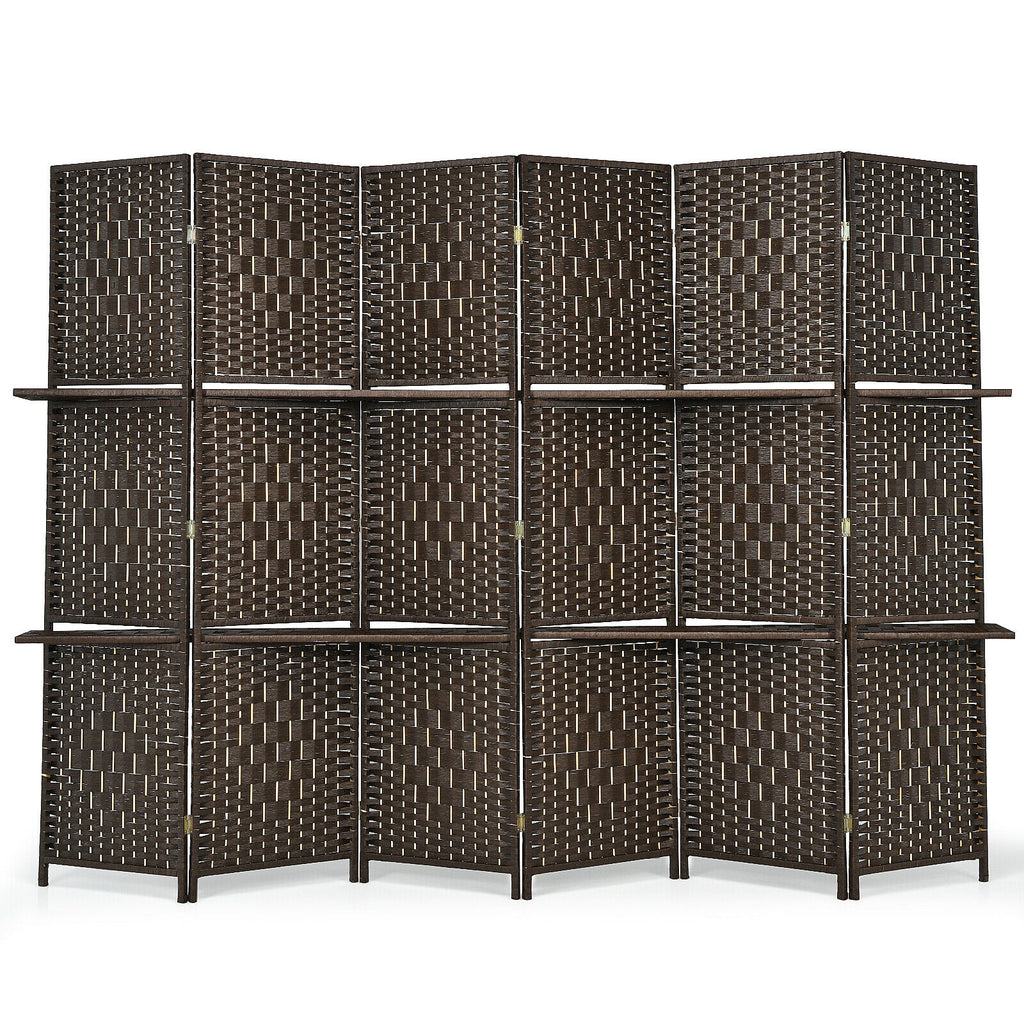 Brown 6-Panel Folding Fiber Room Divider with 2 Display Shelves - Natural Home Decor