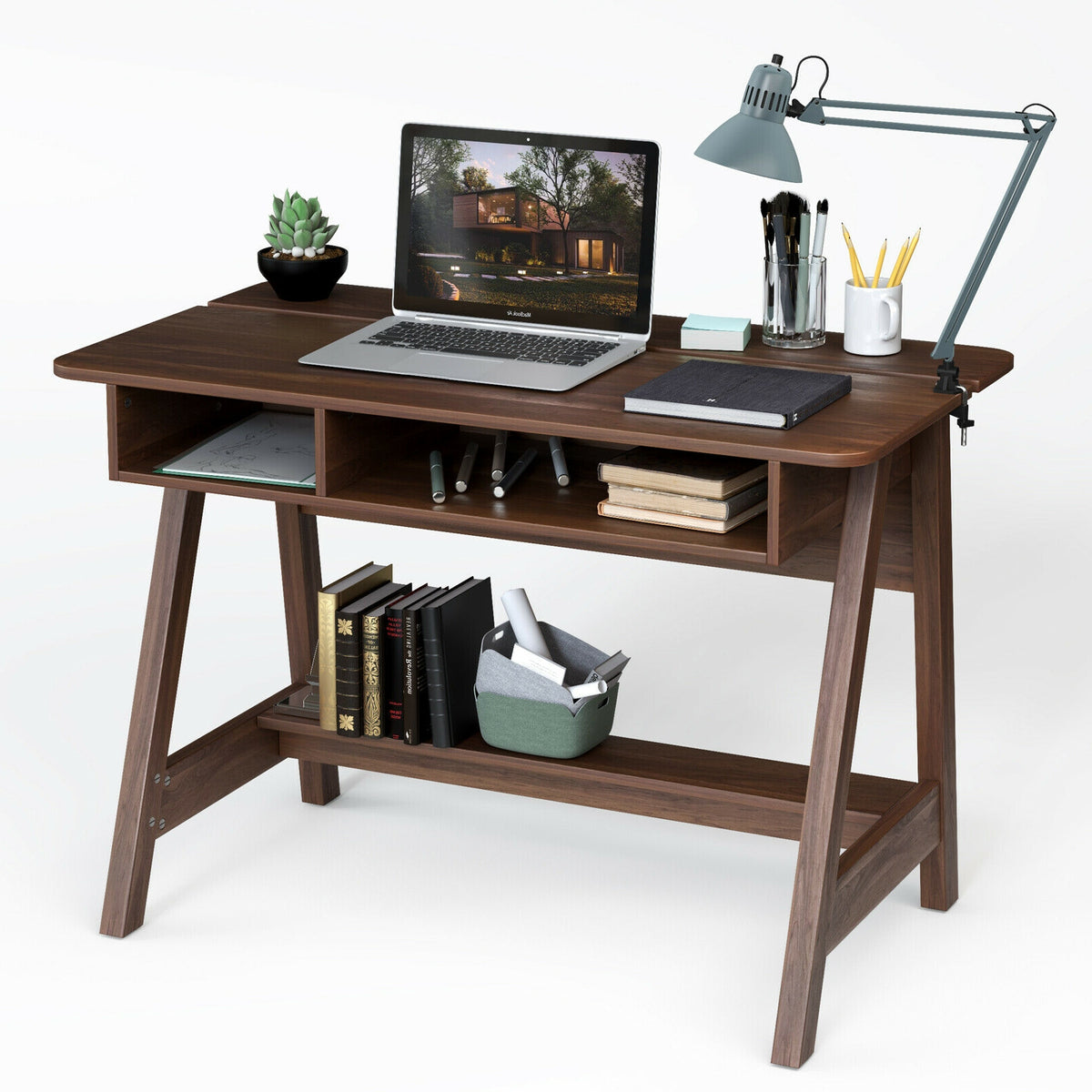 Mid Century Writing Desk 43.5" - Storage Cubes & Hidden Compartment