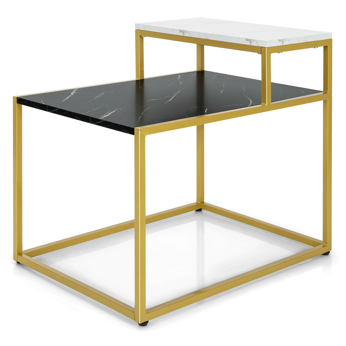 2-Tier Side Table with Marble Finish & Metal Frame – White