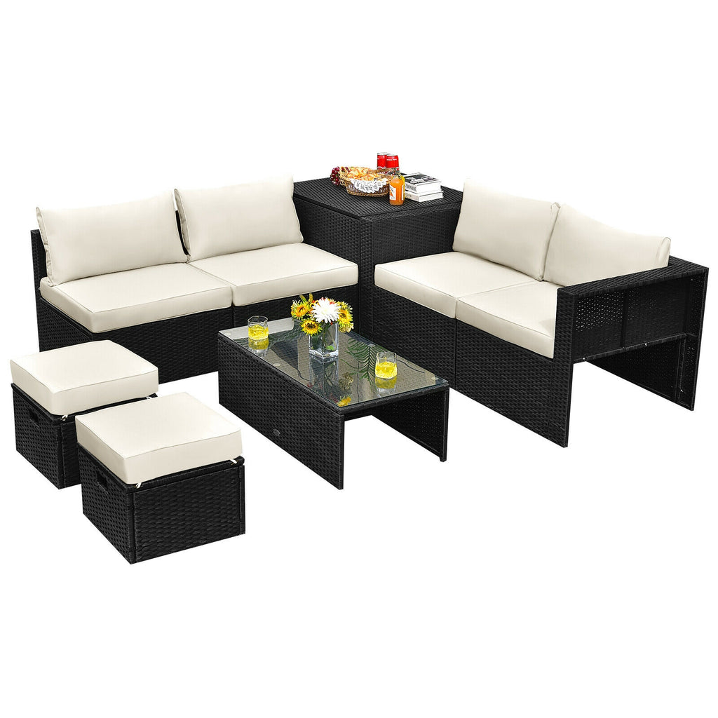 8-Piece Patio Rattan Furniture Set with Storage Box & Waterproof Cover - Brown & Black