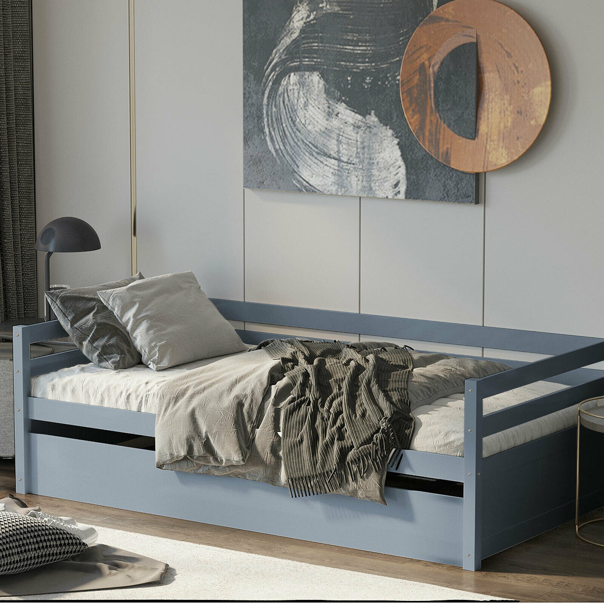 Twin Trundle Bed Frame with Wooden Slat Support - Gray