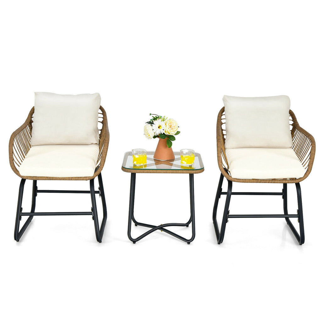 3-Piece Patio Bistro Set with 2 Rattan Chairs and Square Glass Coffee