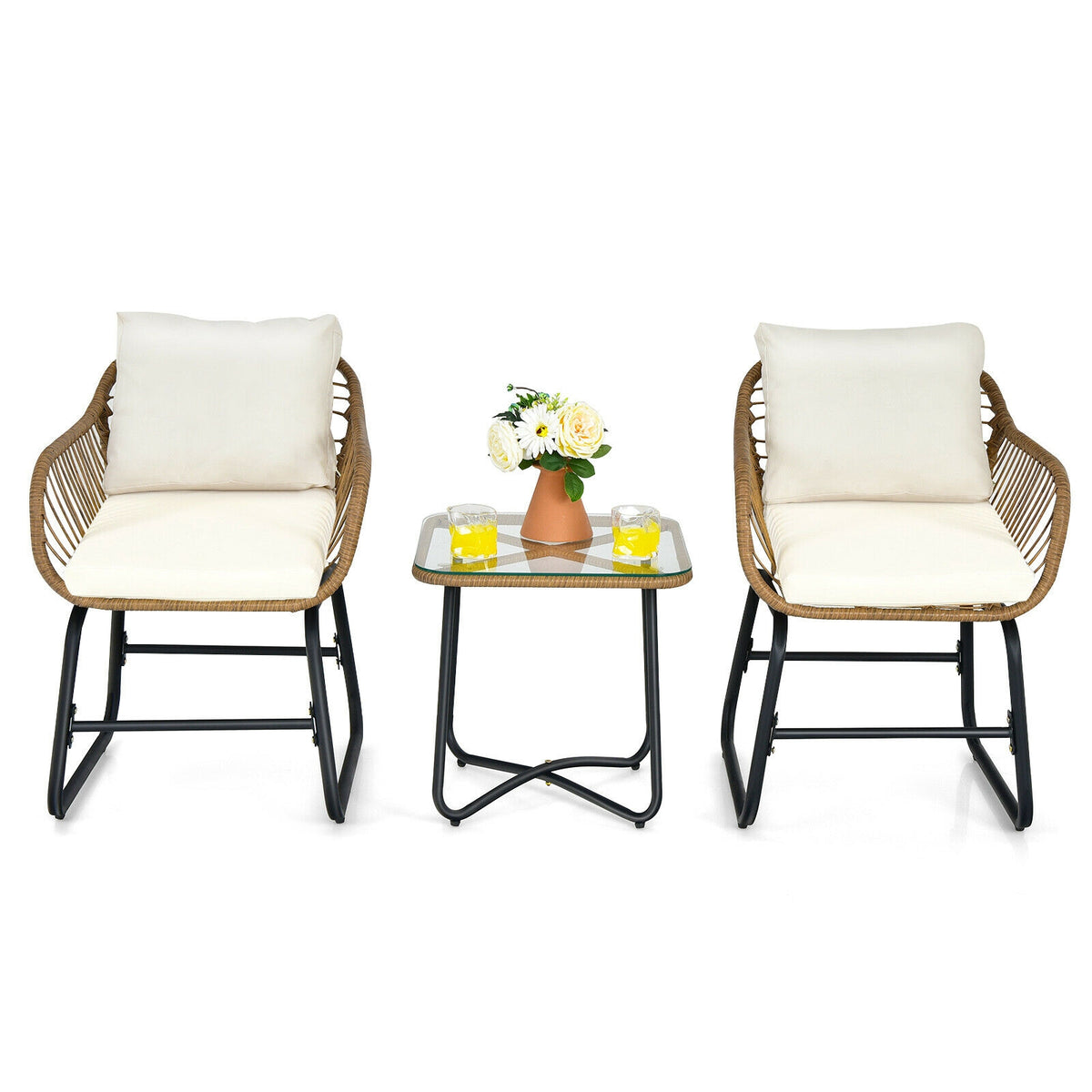 3-Piece Patio Bistro Set with 2 Rattan Chairs and Square Glass Coffee