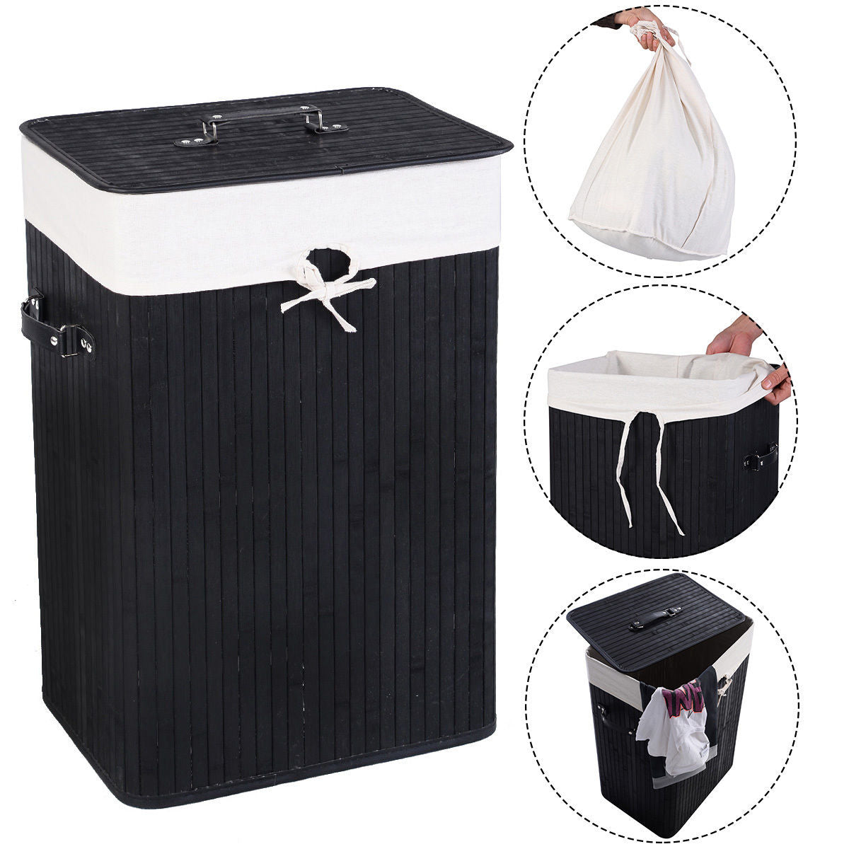 19 Gal Rectangle Laundry Basket Bamboo Clothes Hamper with Handles