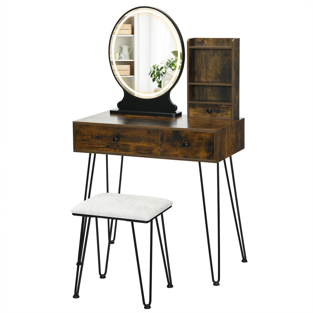 Vanity Table Set with Lighted Mirror and Cushion Stool - Brown