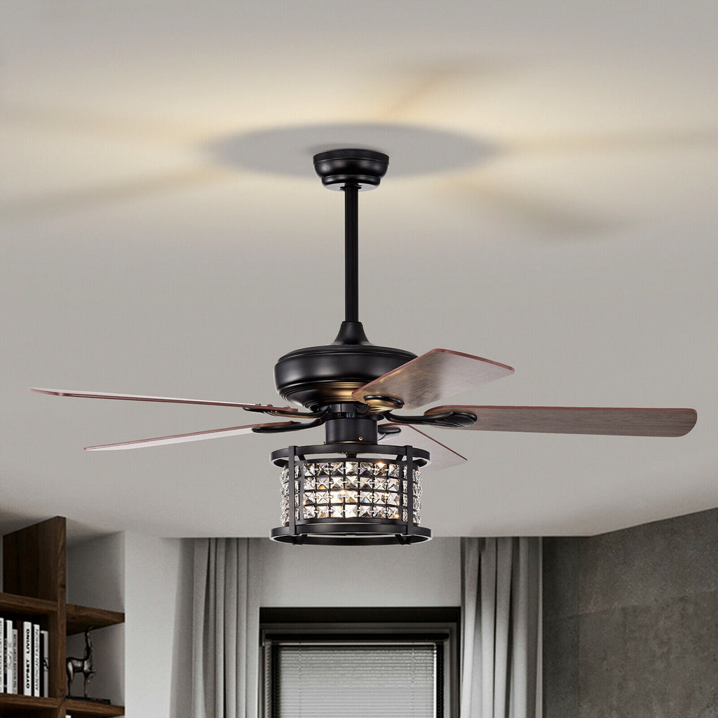52 Inch Crystal Ceiling Fan Light with Remote Control - 3 Speed, Reversible Blades, Black Variation