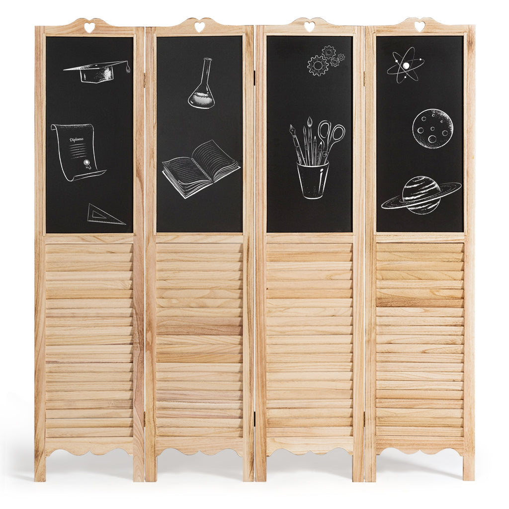 Foldable 4-Panel Room Divider with Chalkboards - Rustic Wood Partition Screen
