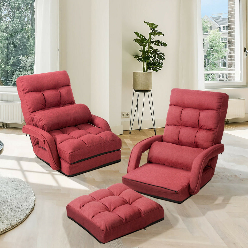 Folding Lazy Floor Chair with Armrests and Pillow - Red
