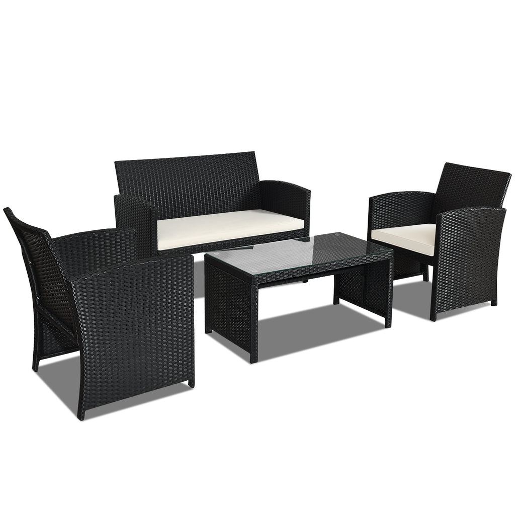 4 Pieces Rattan Patio Furniture Set with Weather Resistant Cushions