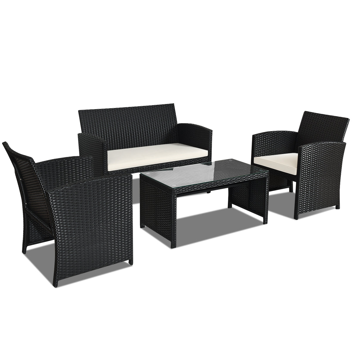 4 Pieces Rattan Patio Furniture Set with Weather Resistant Cushions