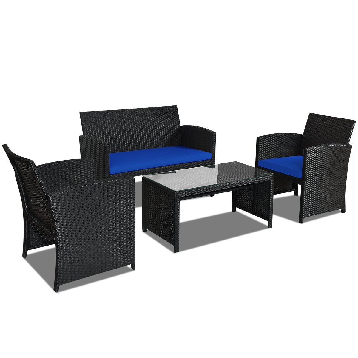 4-Piece Rattan Patio Furniture Set with Cushions - Black Rattan, Navy